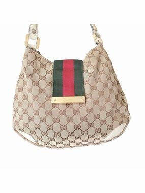 Gucci New Britt GG Canvas Web Stripe Hobo Shoulder Bag Beige Gold Hardware